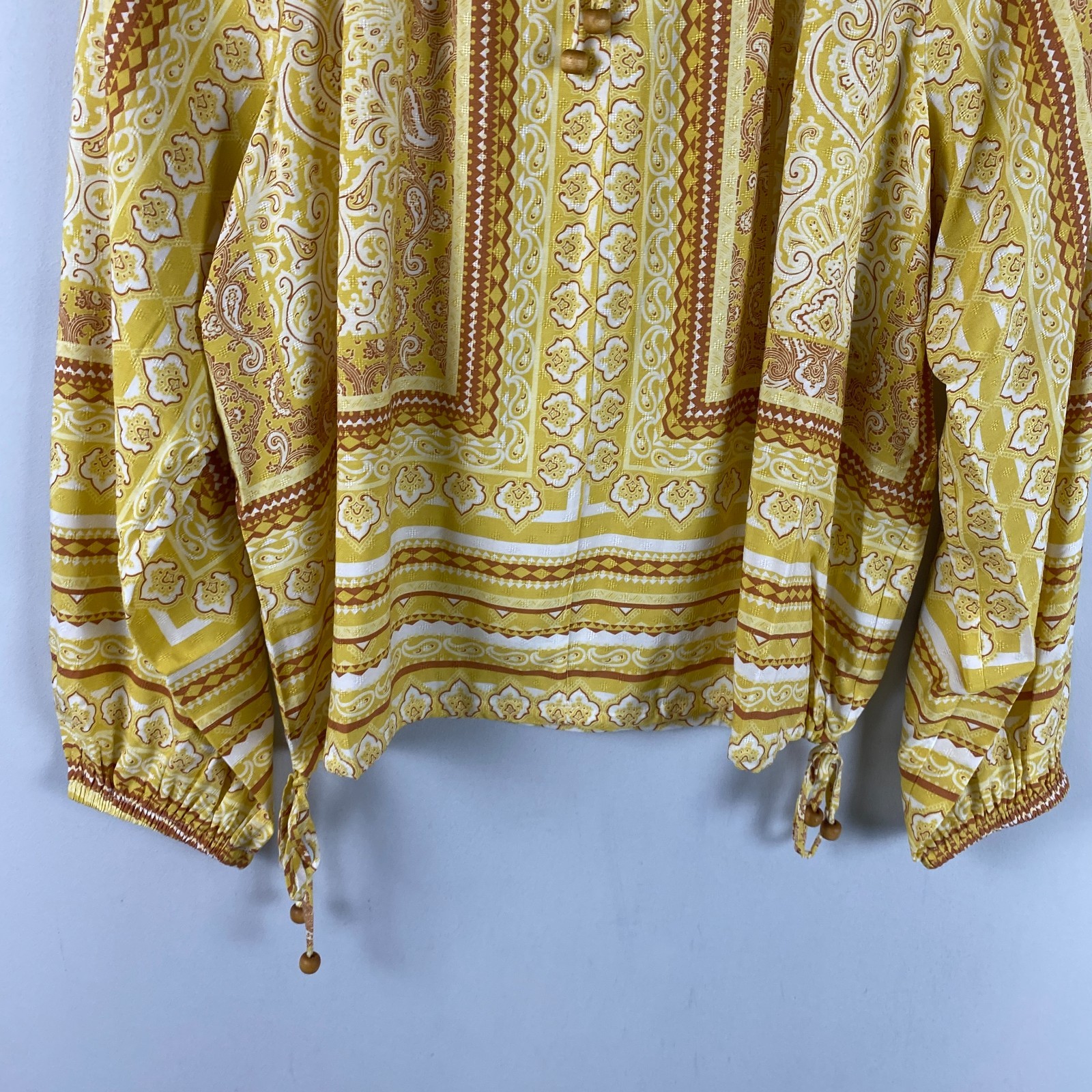 Rose + Olive Paisley Peasant Blouse Size Large Boho Tie Popover Yellow Rayon