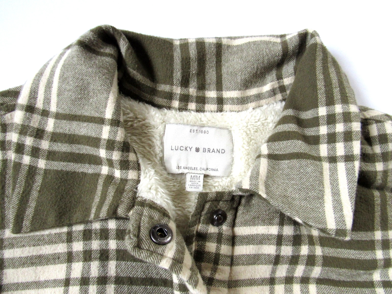 Lucky Brand Jacket Green Ivory Cream Plaid Fleece Lined Flannel Shacket M Medium