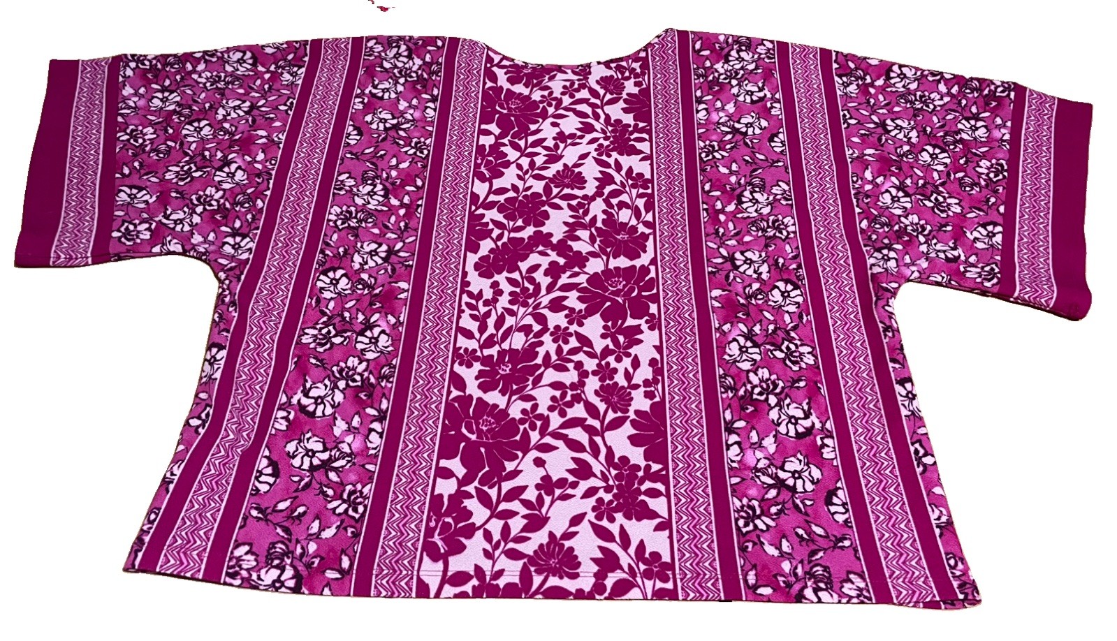 Bob Mackie WEARABLE ART Mix Floral Print Dolman Sleeve Knit Top XL Magenta MINT!