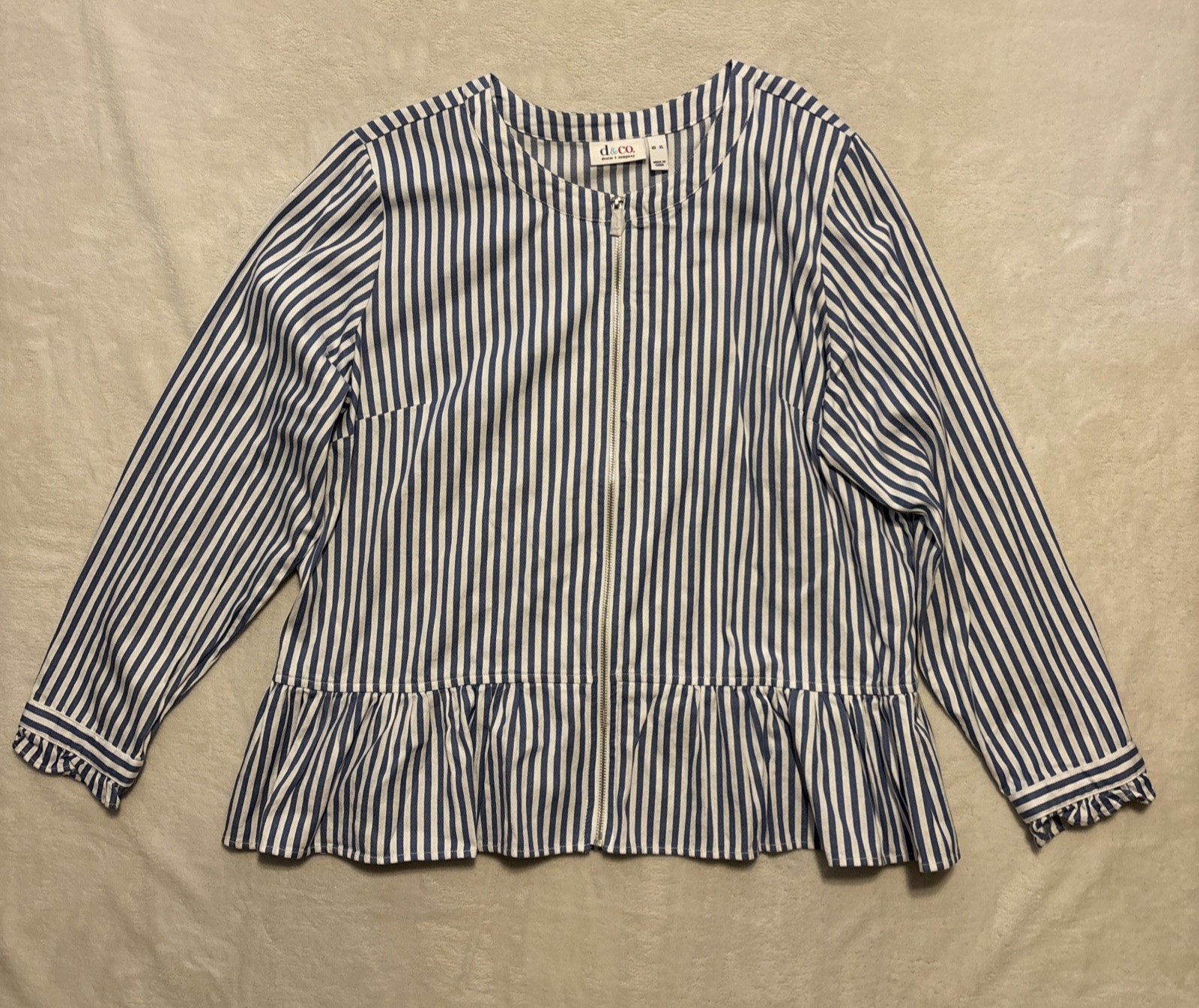 d&co Denim Womens XL Full Zip Blue White Striped Long Sleeves ruffles