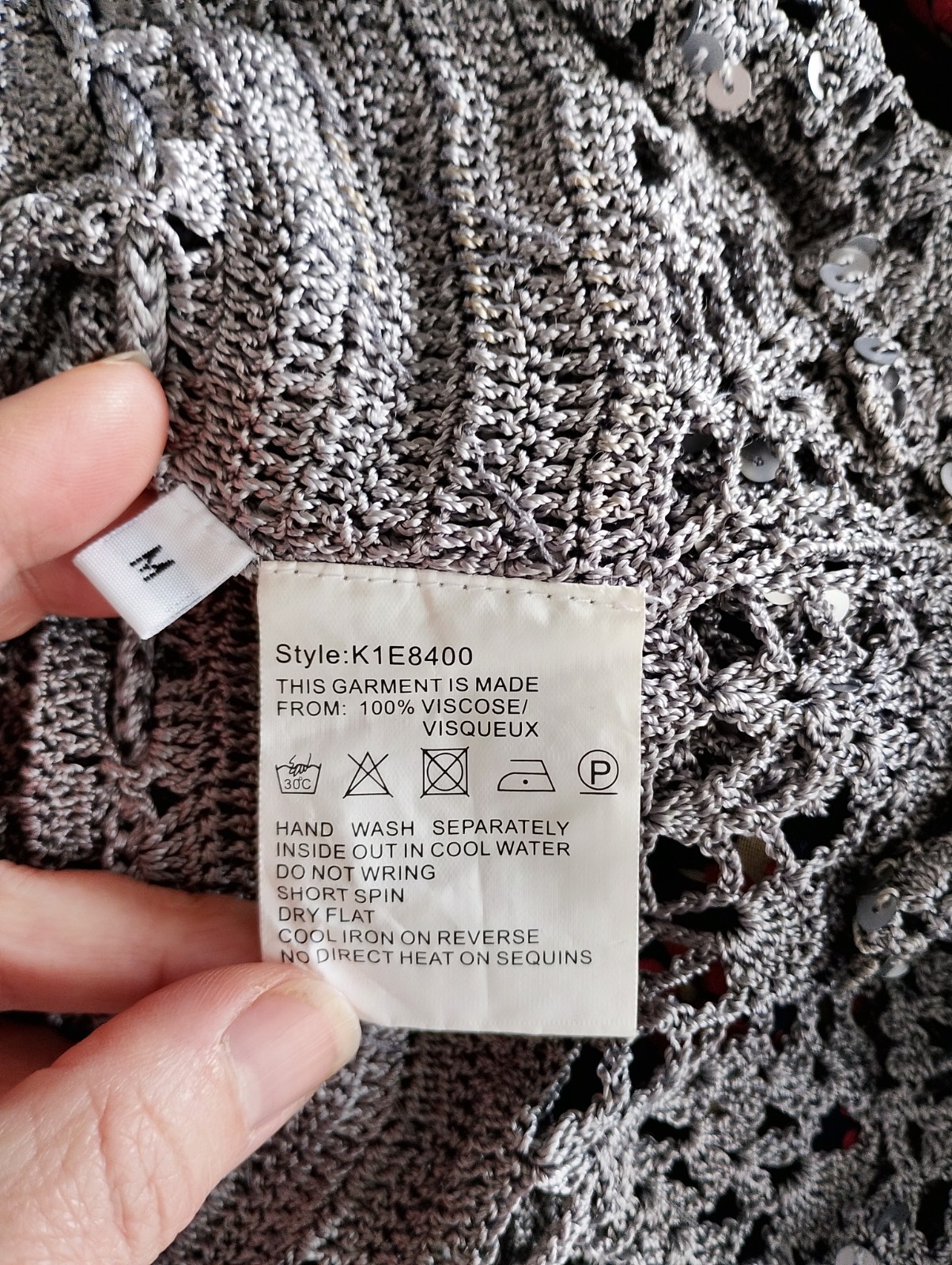 Jacques Vert Crochet Knit Top Sequin Lace Drawstring UK M Dove Grey Occasion