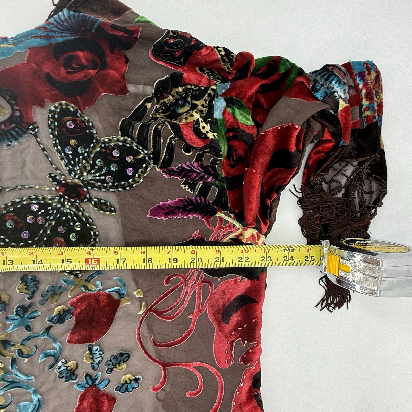 Aris A Kimono Burnout Velvet Floral Boho Beading Tassel Fringe Silk Blend