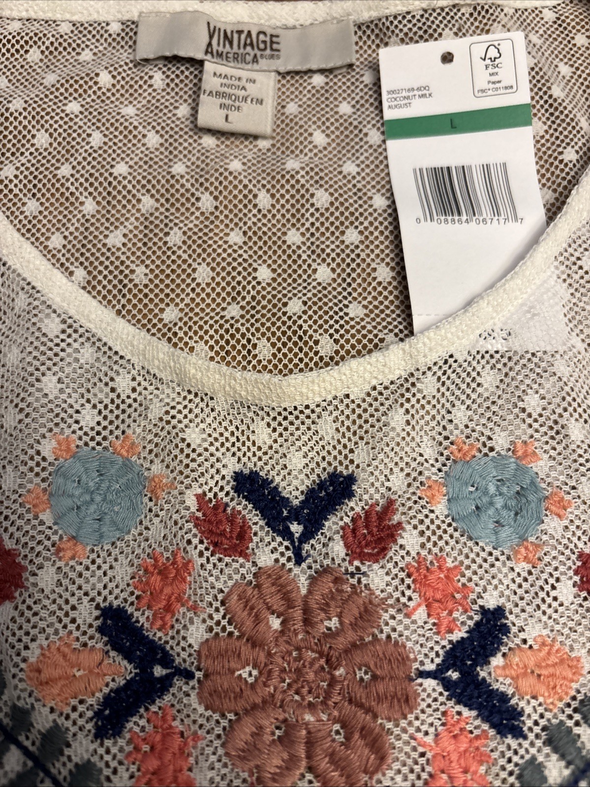 Womens Layered Ivory Sheer Lace Tunic Top Boho Embroidered Floral Romantic L/XL