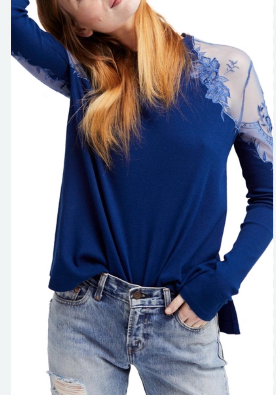 Free People Daniella lace shoulder a-line side slits long sleeve crew Top Size M