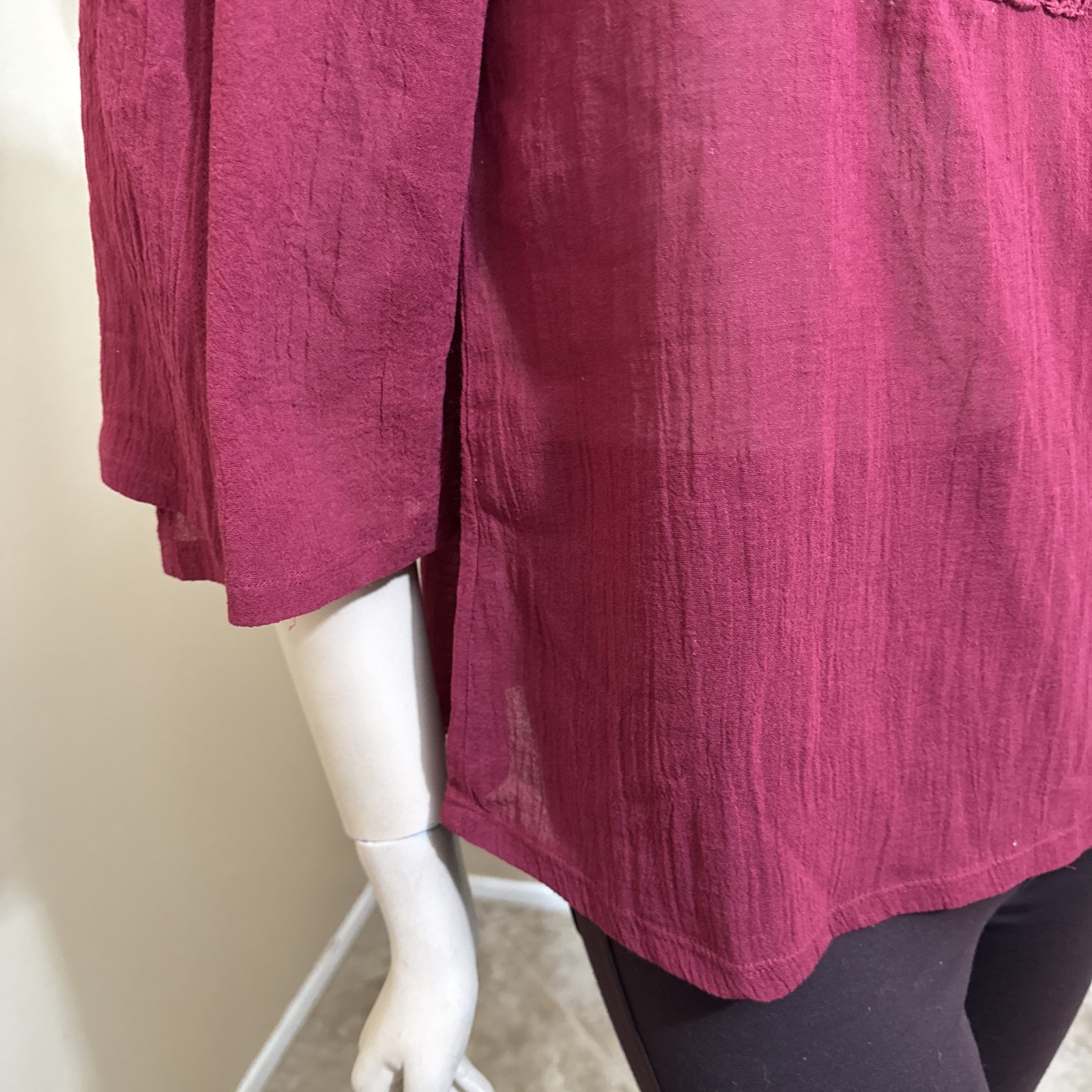 Women’s Burgundy Cotton Casual Boho Lace Long Sleeve Slit Tied Size S Blouse Top