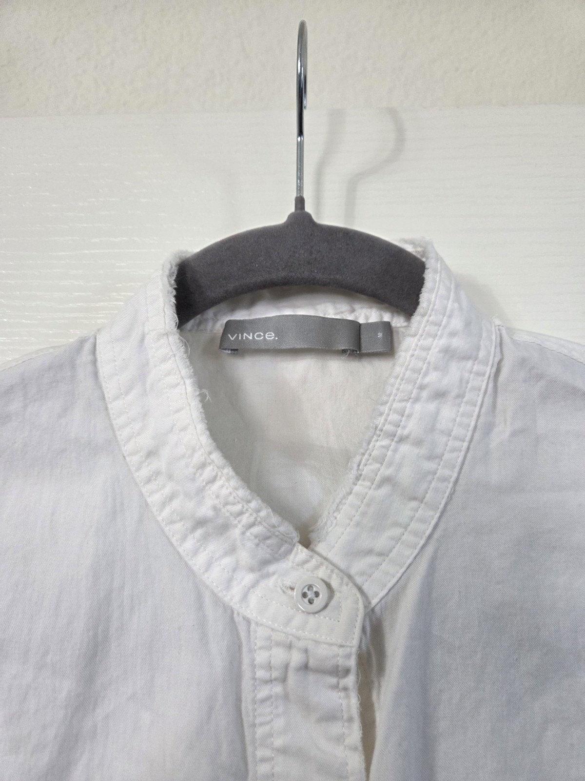 Vince White Cotton Silk Blend Raw Hem Mandarin Collar Long Sleeve Blouse, Medium