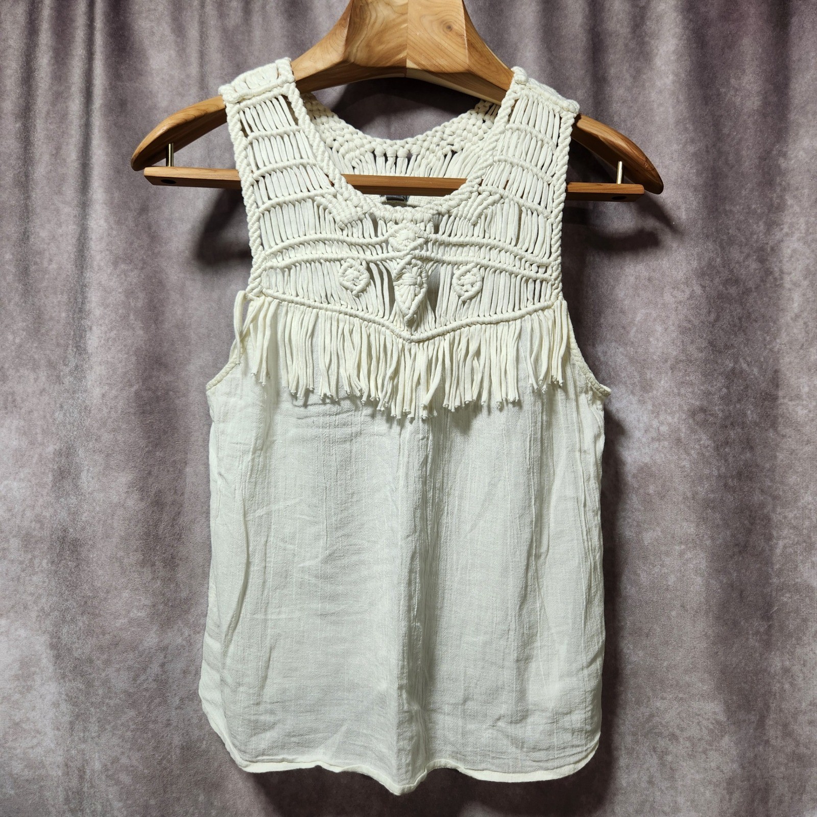 Aerie Womens Medium Cream Macrame Fringe Gauze Sleeveless Boho Tank Top