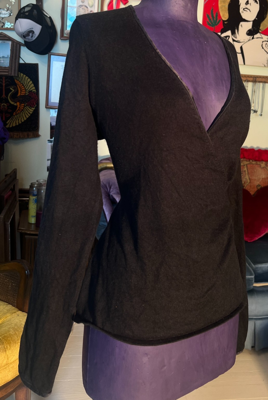 VTG Ann Taylor Crossover Sweater Top Black Witchy Silk/Cashmere Blend Sexy