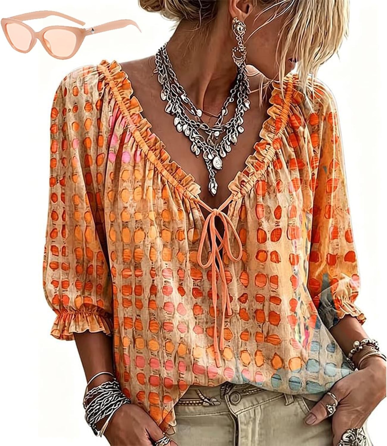 Women’s Summer Casual V Neck Polka Dot Lace Up 3/4 Sleeve Blouses, Dressy Loose