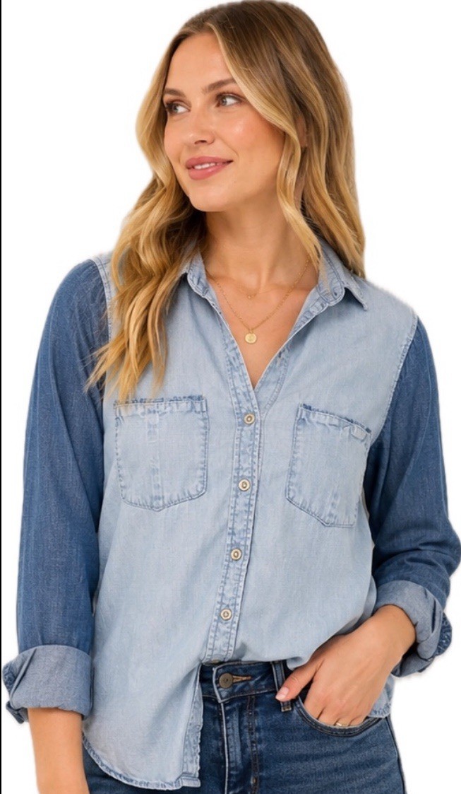 Cloth & Stone Anthropologie XS Chambray Two Tone Denim Button Up 100% Tencel