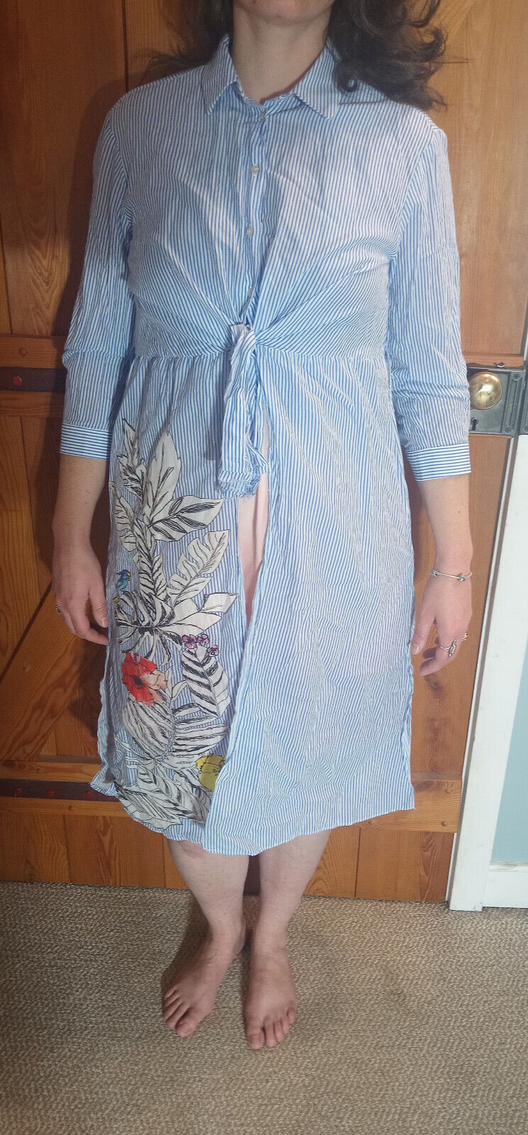 Zara Birds Boho Size M Cottagecore Semi Sheer Long Floral Wrap Front Duster Robe