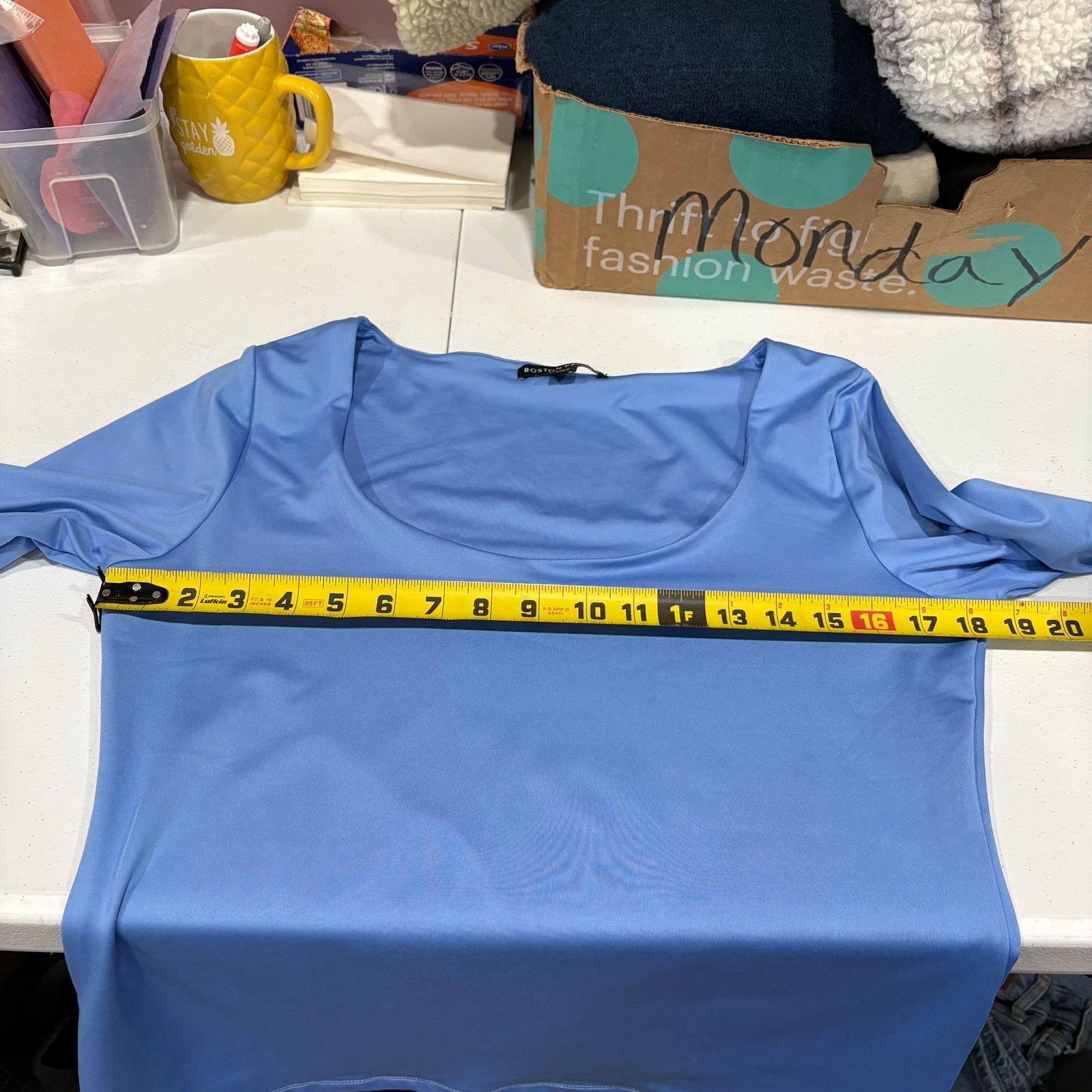 Boston Proper So Modern Scoop Neck Three Quarter Sleeve Top Cornflower Blue M