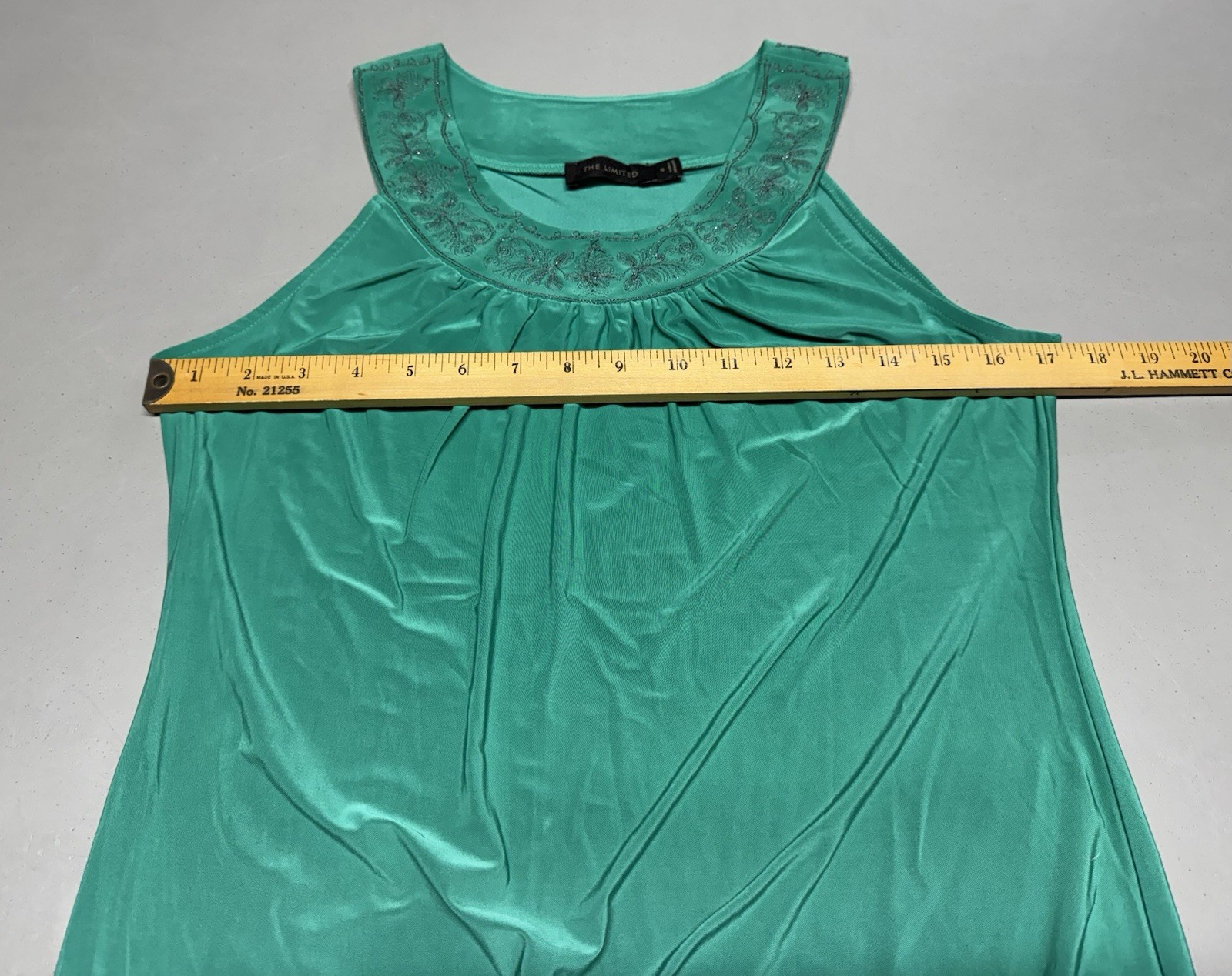 The Limited Satin Green Sleeveless Embroidered Round Neckline Blouse Halter Sz S