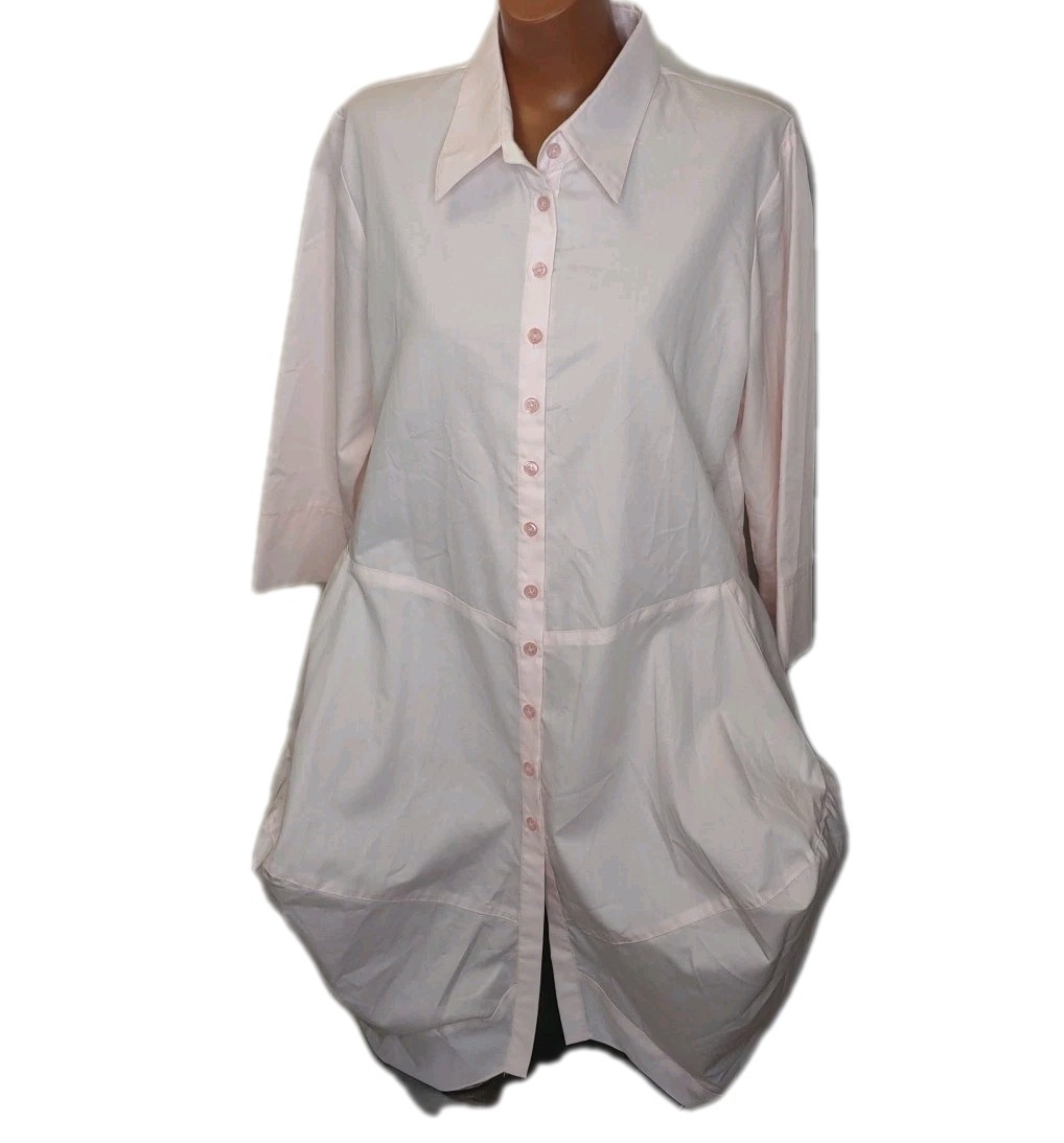 Zina Beverly Hills Lagenlook Tunic Dress Shirt Large Pink Button Baggy Feminine