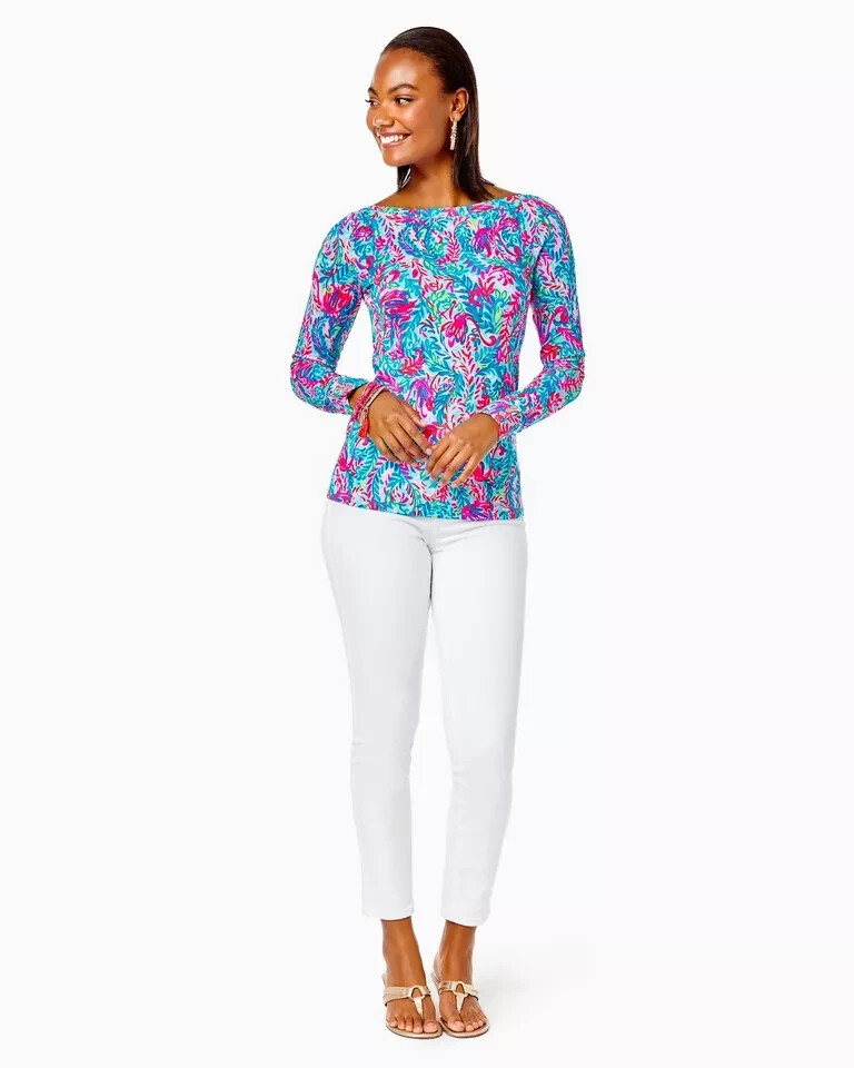 Lilly Pulitzer Aleah Top Long Sleeve Surf Blue Flim Flam SZ XL