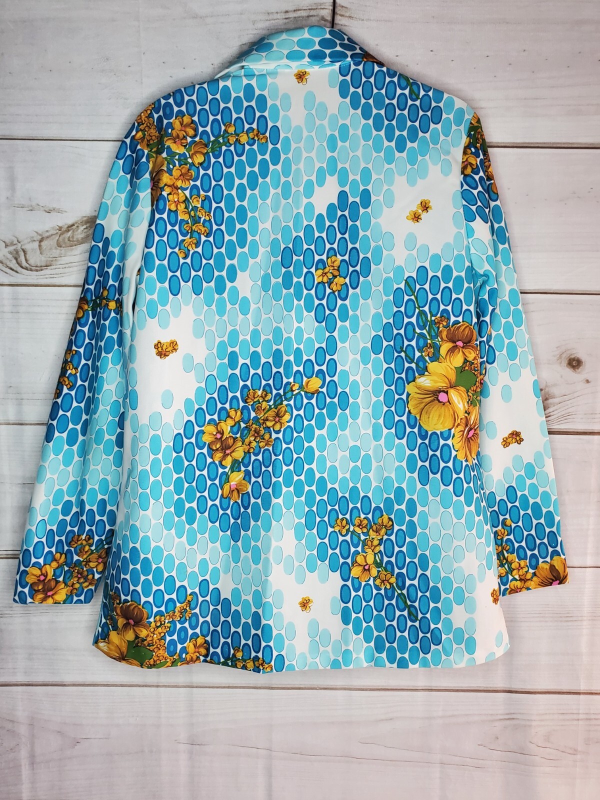Vintage Hippie Shirt 60s 70s Polyester Flowers Boho Blue Retro Pointed Collar