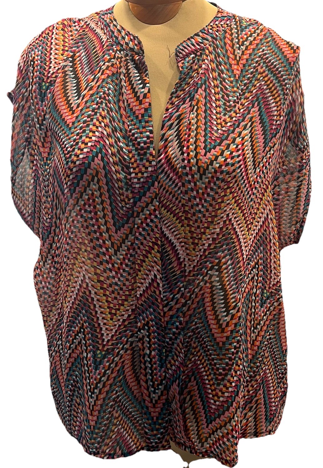 Hale Bob Large L Multicolor Chevron Geometric Blouse Boho V-Neck Pleated Top