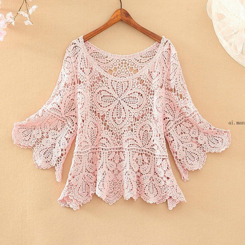 Women Crochet Crop Top Half Sleeve Hollow Bolero Shrug Shawl Sun Protection Top
