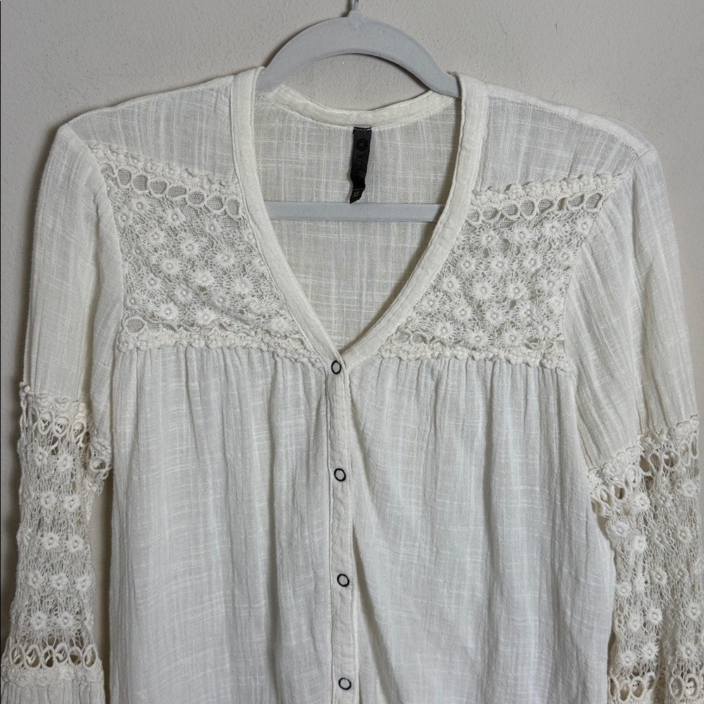 XCVI White Crochet Boho Button Up Blouse Size XS Western Festival Hippie