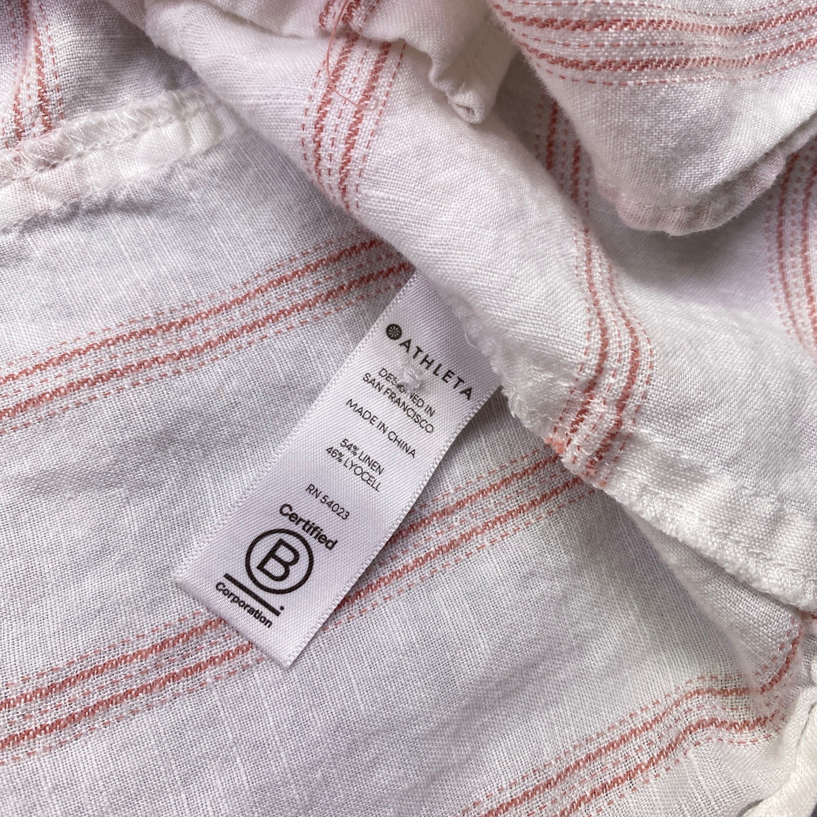 Athleta Anguilla Striped Linen Button Down Shirt Womens XS S/S White Pink