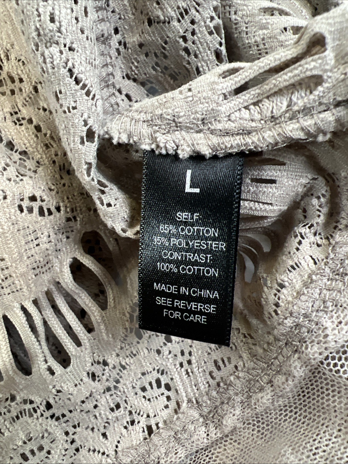 BKE boutique Open Front Cardigan L Crochet Lace Taupe Boho Sheer Lace Trim Women