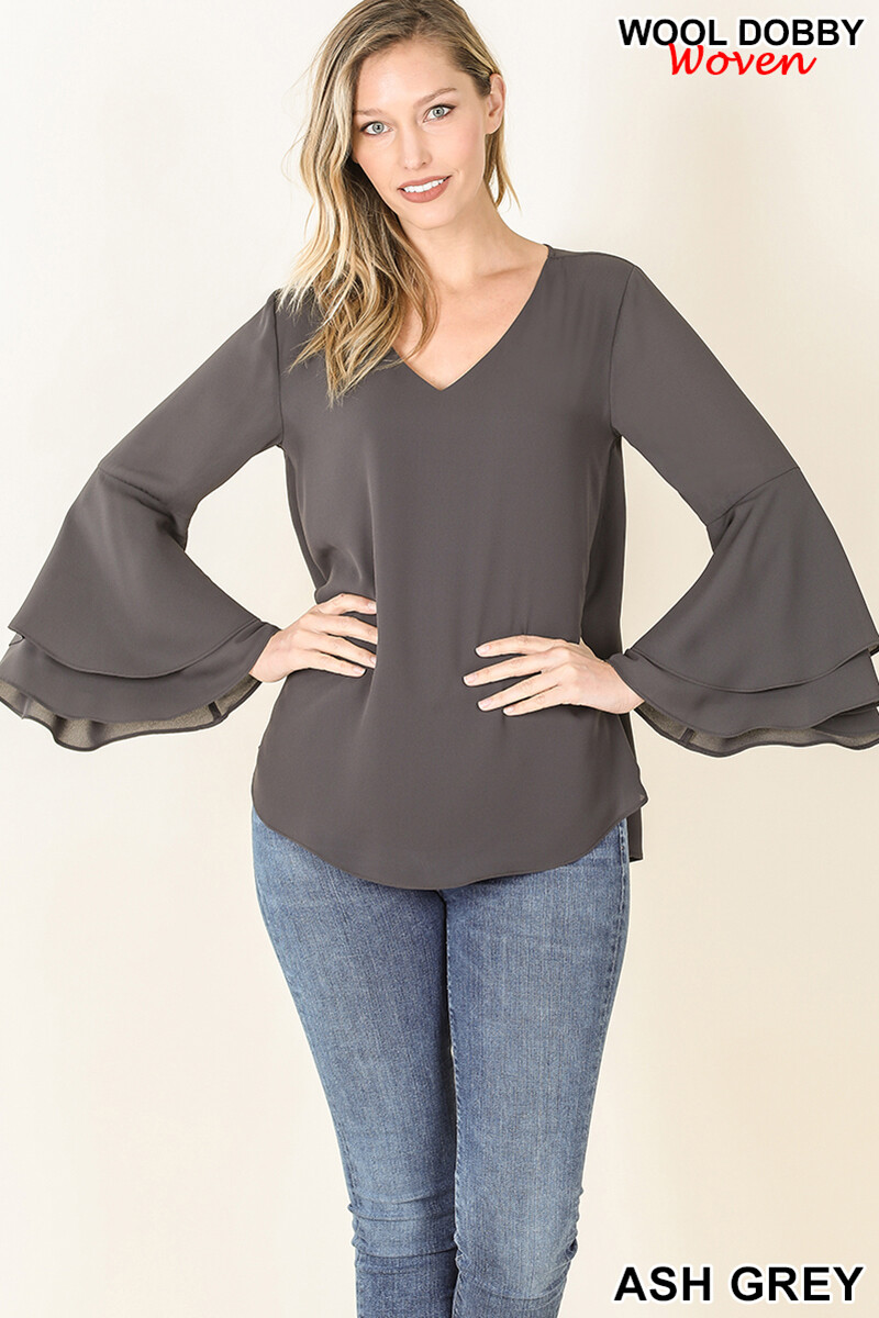 NEW Womens V-Neck Casual WOVEN WOOL DOUBLE LAYER BELL LONG SLEEVE CHARMING