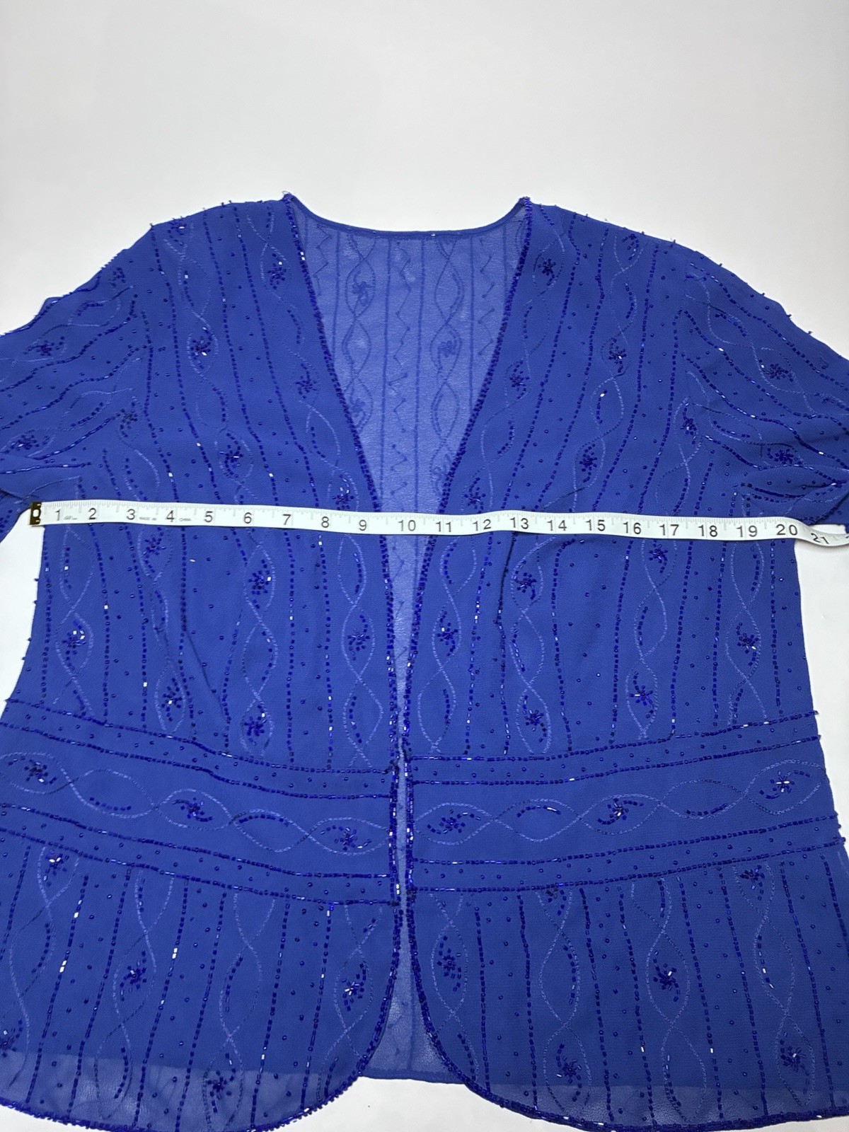 Blue Sheer Beaded Sequin Embroidered V-Neck Open Front 3/4 Sleeve Shrug