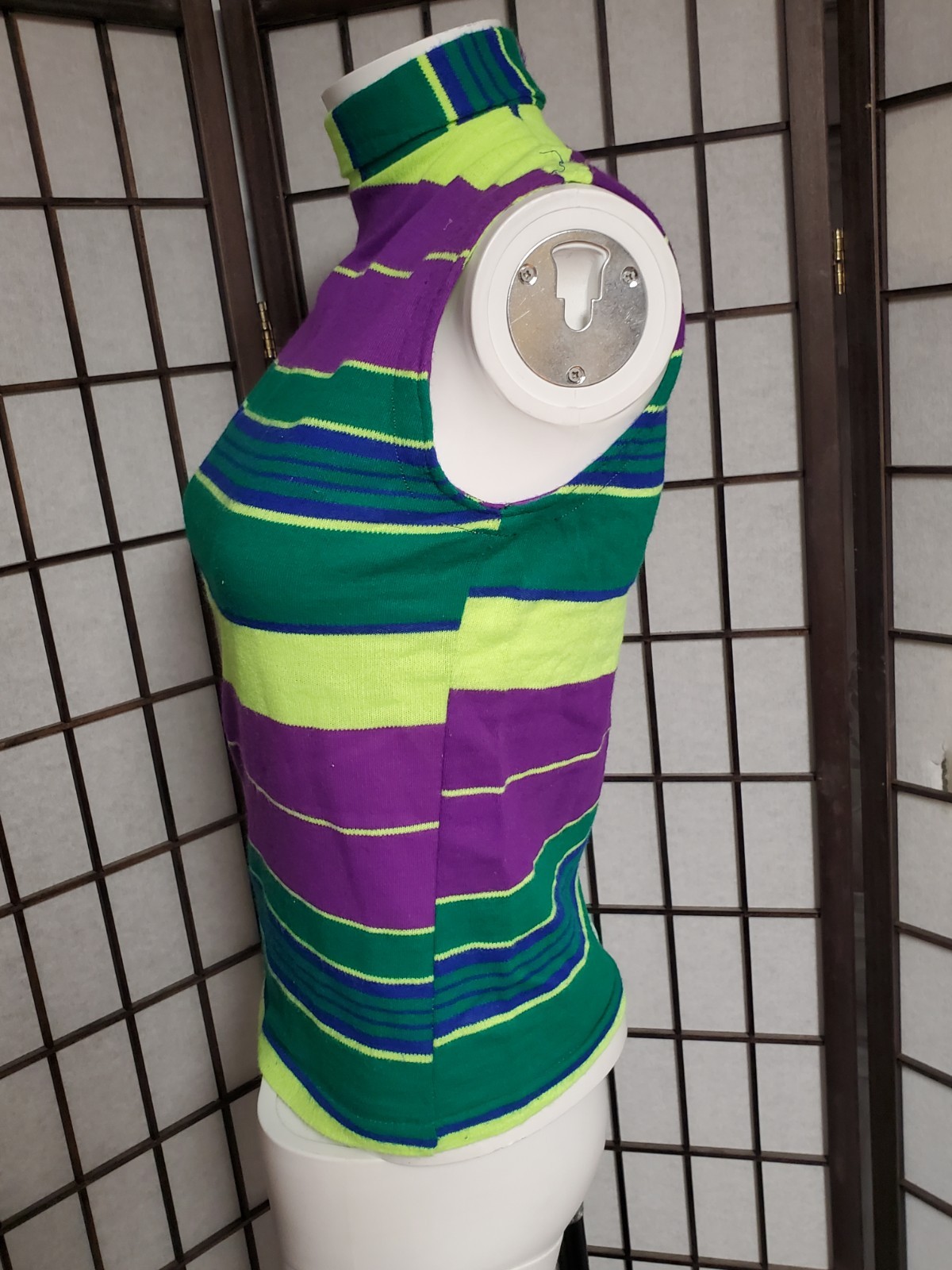 60s 70s Vtg Top Shirt Sz XS Colorful Stripe Knit Retro Mock Neck Orlon Acrylic