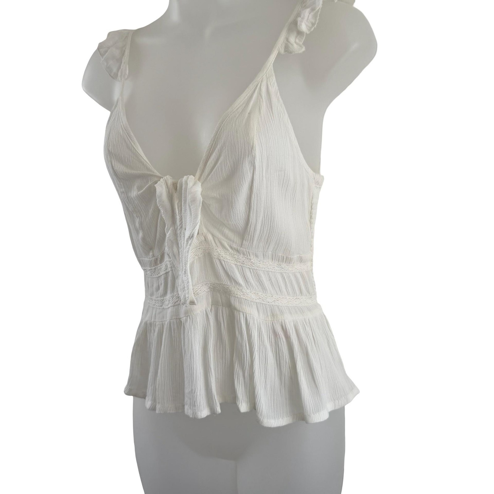 Patrons Of Peace Tank Top Womens M White Ruffle Tie Front Peplum Cami Boho NWT