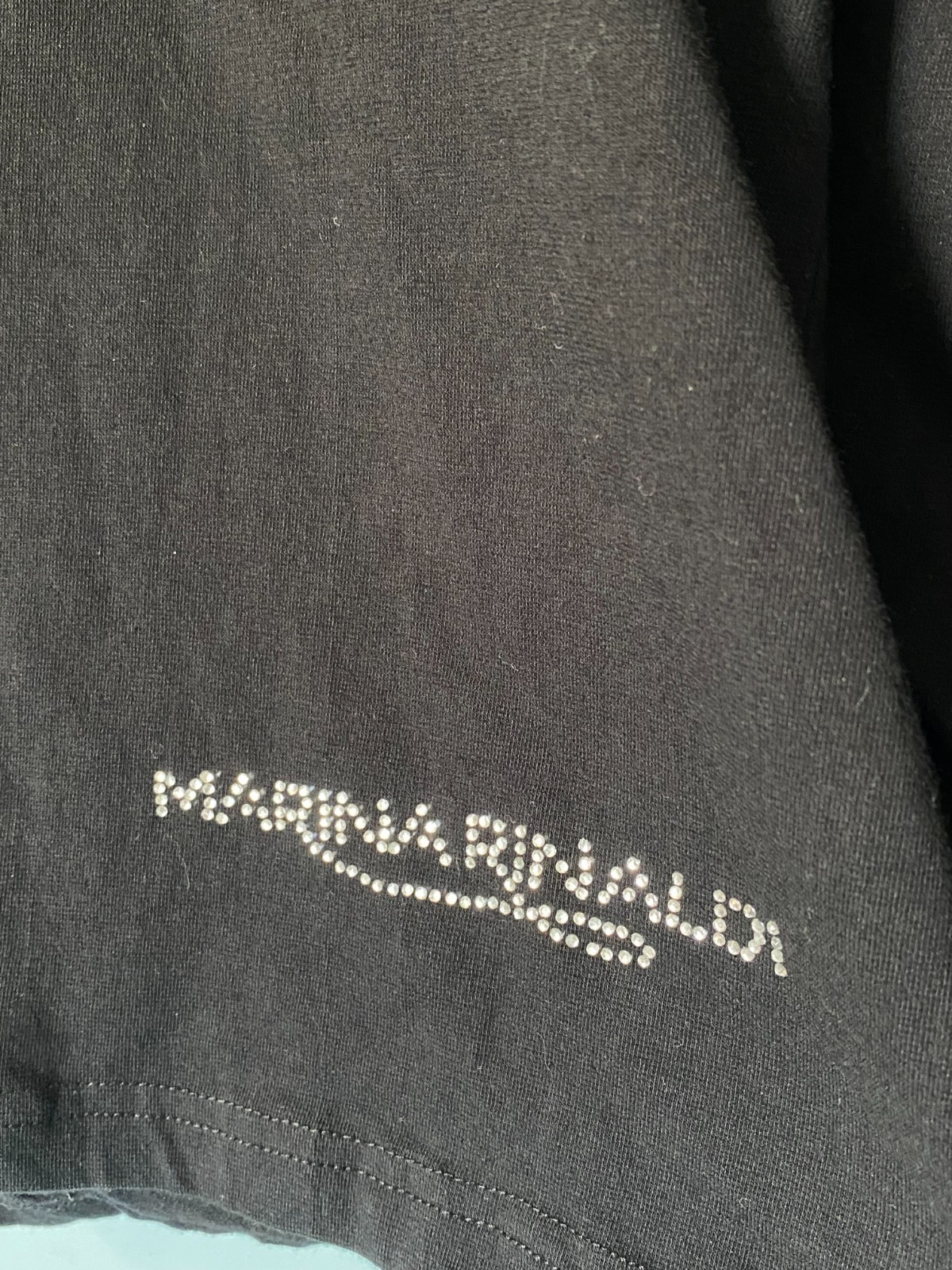 Marina Rinaldi Italy Black Rhinestone Logo V-Neck Jersey Top Max Mara Group L