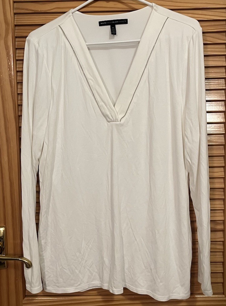 White House Black Market Women’s White Solid V-Neck Long Sleeve Blouse XL