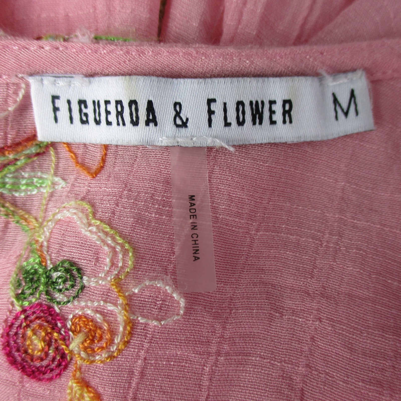 Figueroa & Flower Pink Embroidered Boho Top 3/4 Sleeves Lace Trim Sz M Babydoll