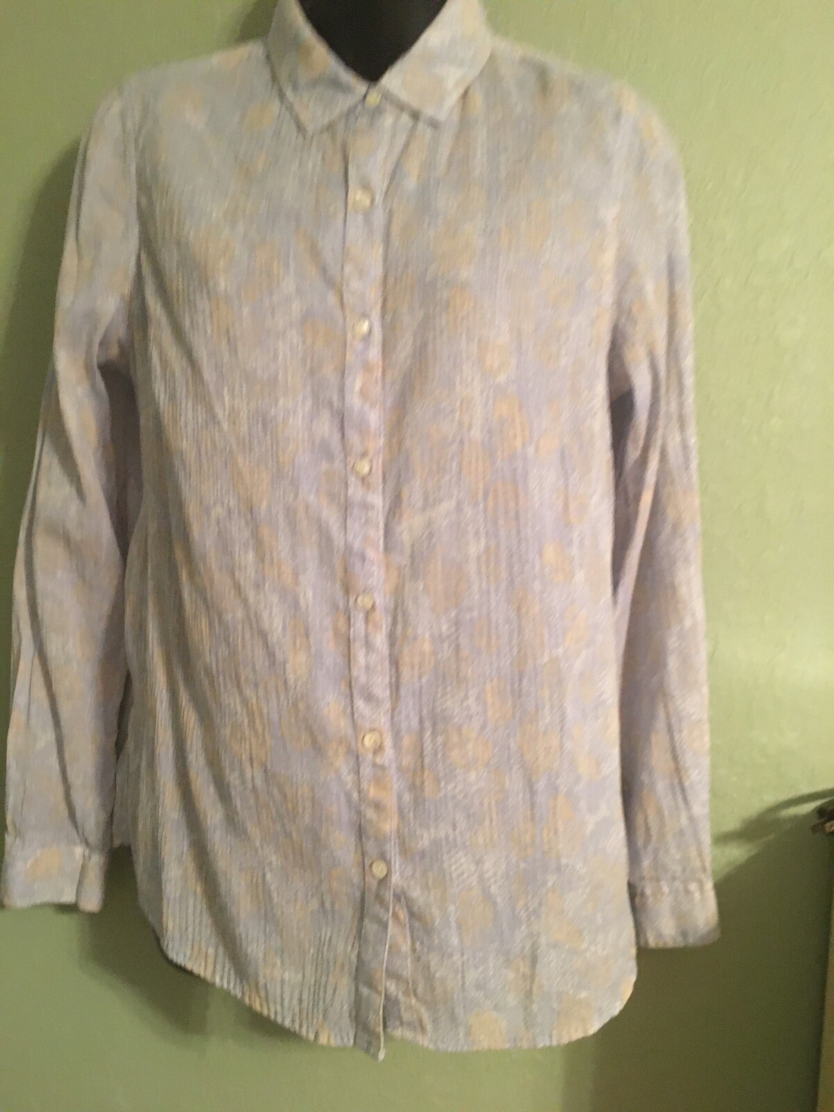 J McLaughlin Womens Top Size 6 Button Down Shirt Blue White Beige Long Sleeve
