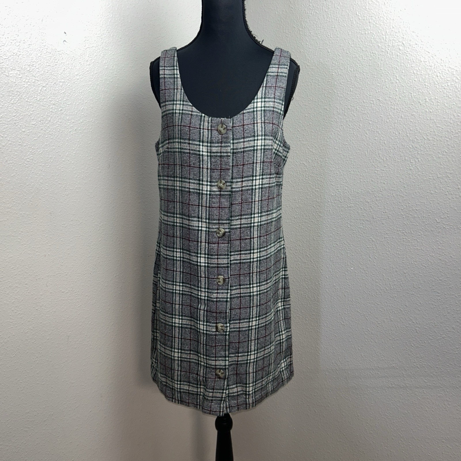 Copper Key Women’s Blouse Dress Size Medium Gray Green Red Plaid Button Down