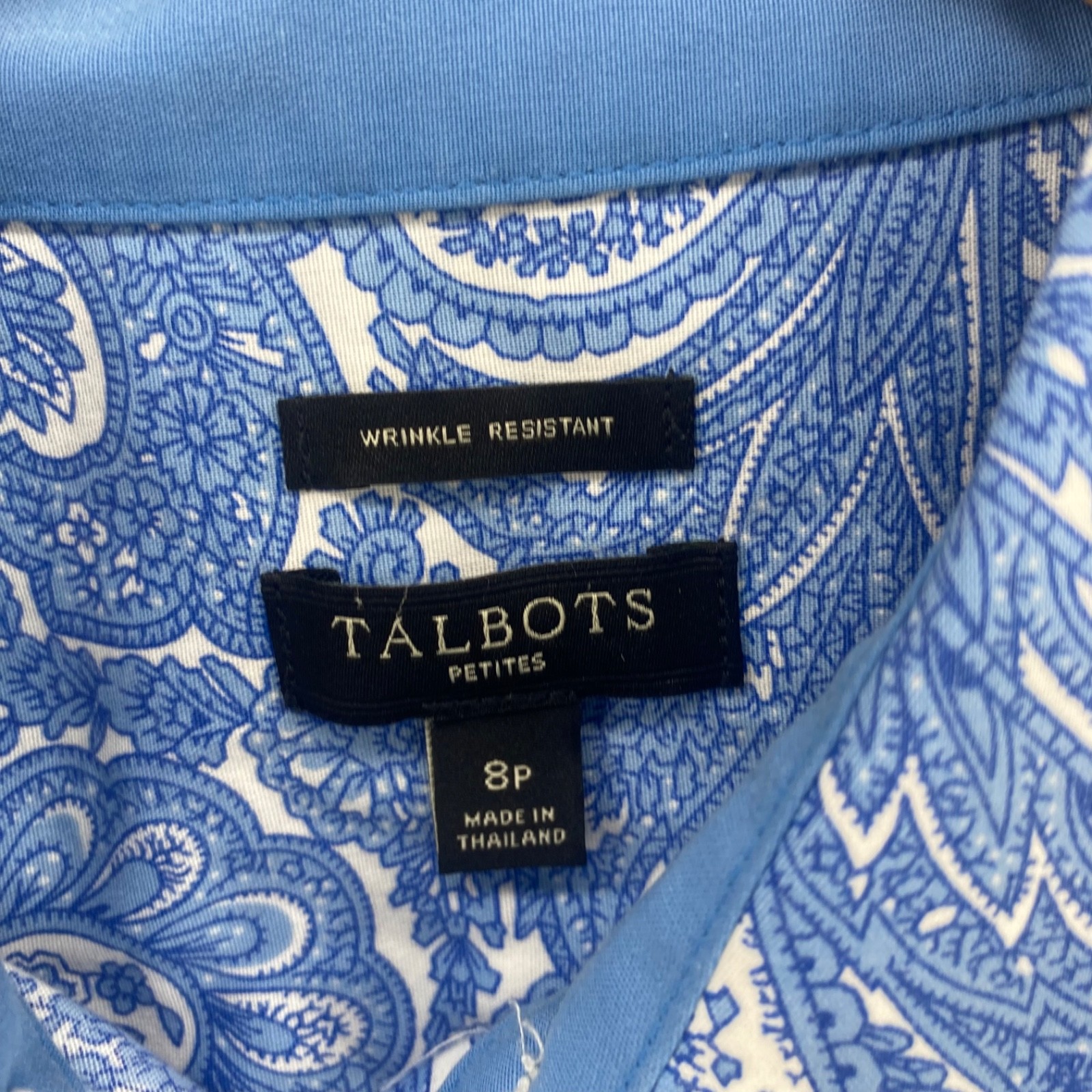 Talbots Shirt Womens 8 Petite Blue Paisley Wrinkle Resistant Cotton 3/4 Sleeves