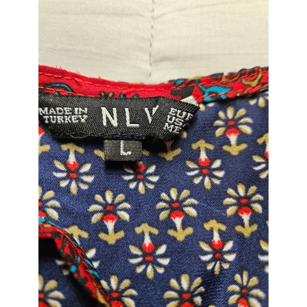 NLW Womens Red Navy Blue Mixed Print Boho Tunic Blouse Split Neck Tie Top L