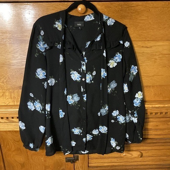 Mossimo Feminine Black Floral Tie Neck Ruffle Button Down Blouse Dark Romantic