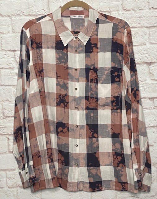 XL/1X Cotton White Pink Gray Black Plaid Check Shirt Top Blouse Bleach Spattered