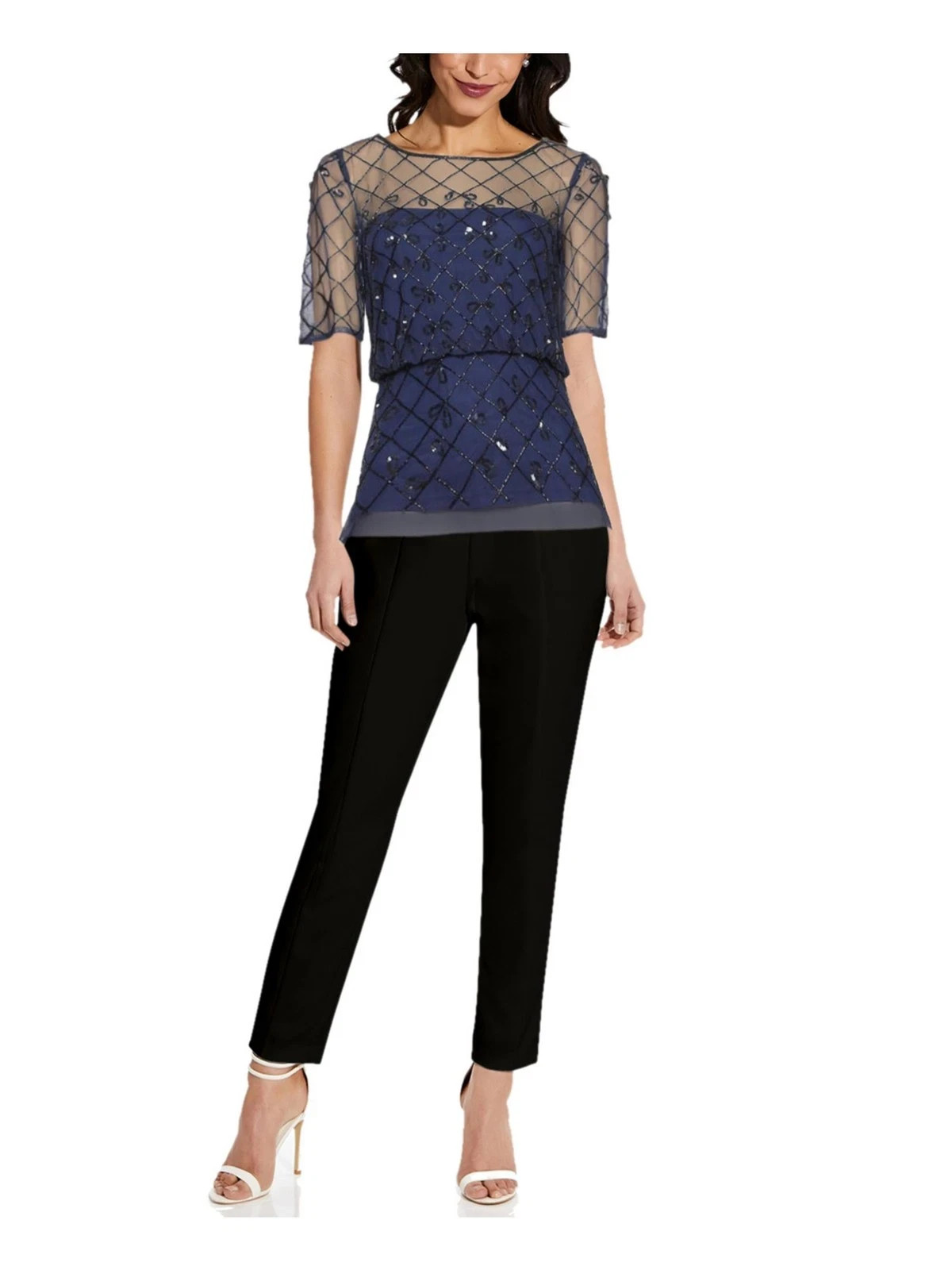 ADRIANNA PAPELL Beaded Sheer Evening Top Womens 6 Short Sleeve Dressy MSRP $149
