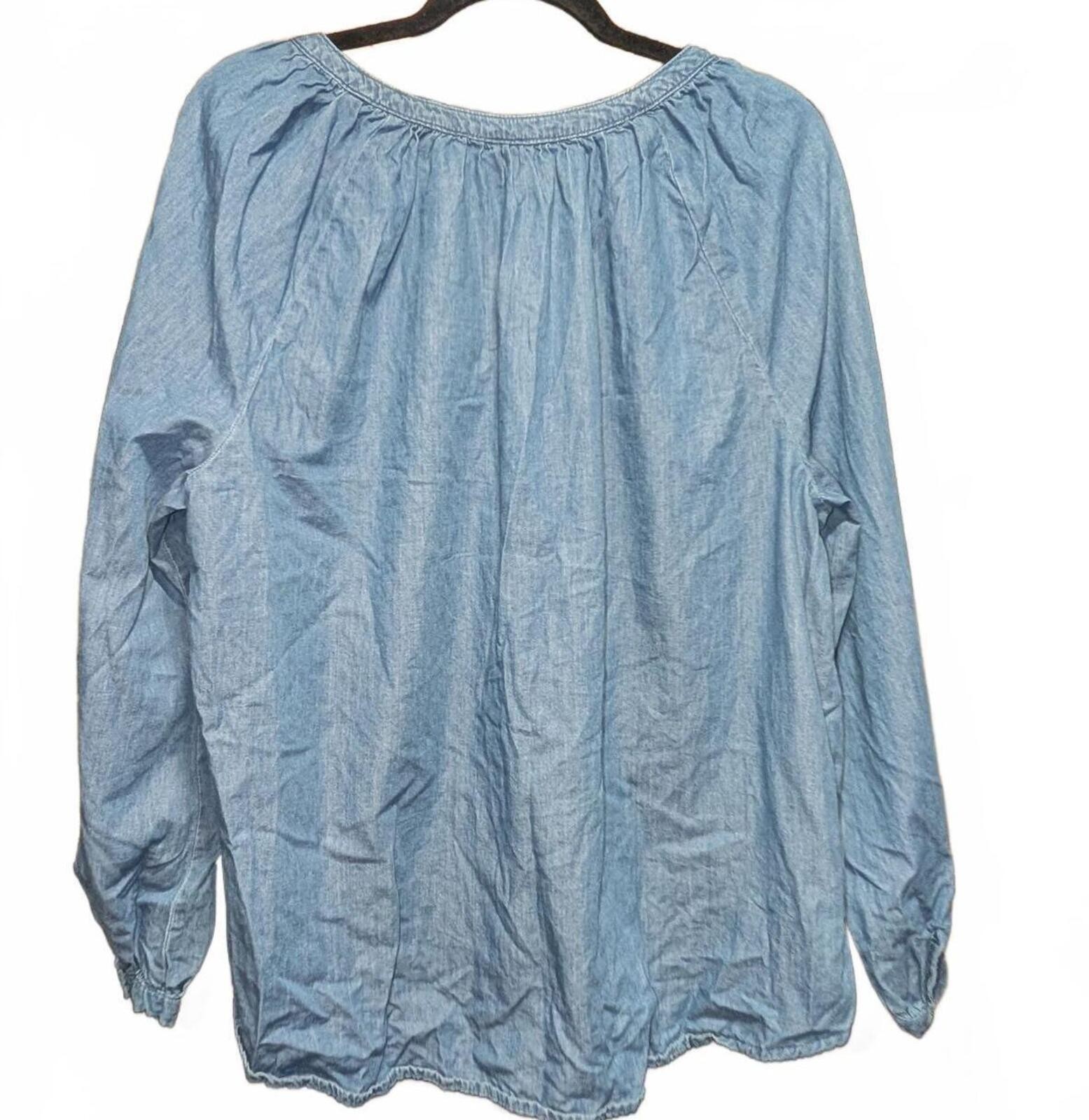Sadie & Sage Blue Denim Chambray Peasant Blouse Long Sleeve Button Front XXL