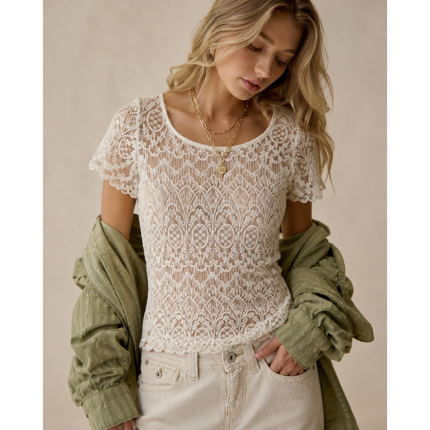 Ivory Sheer Embroidered Lace Blouse Romantic Boho Fairycore Short Sleeve Size 2