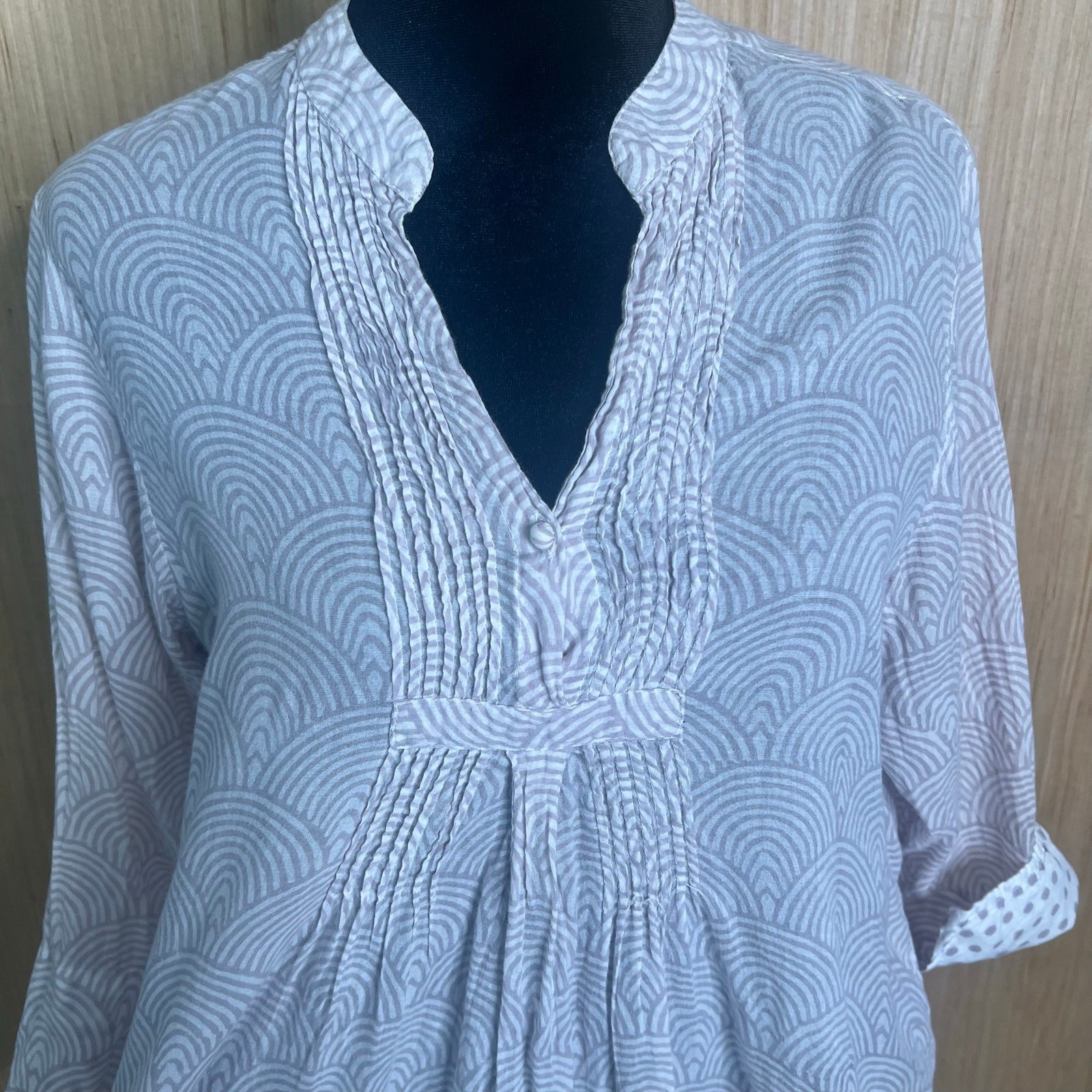 Oliphant 100% Cotton Shirt Neutral Print Pleated Notch Collar 3/4 Sleeve Size L