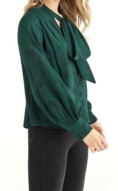 7 For All Mankind Bow Blouse Emerald Green Python Print Silk-Like XL Old Money