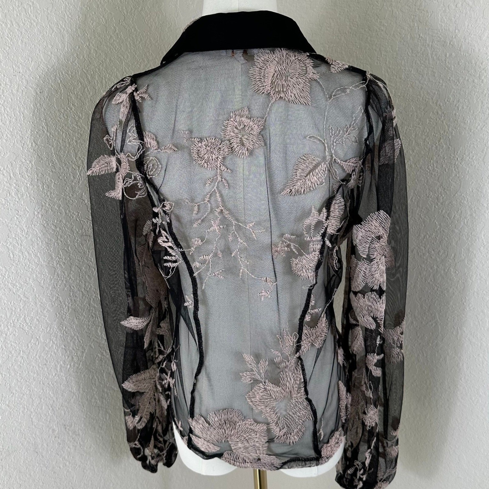 Peach Blouse Women S Transparent Mesh Pink Floral Embroidered Sheer Back Balloon