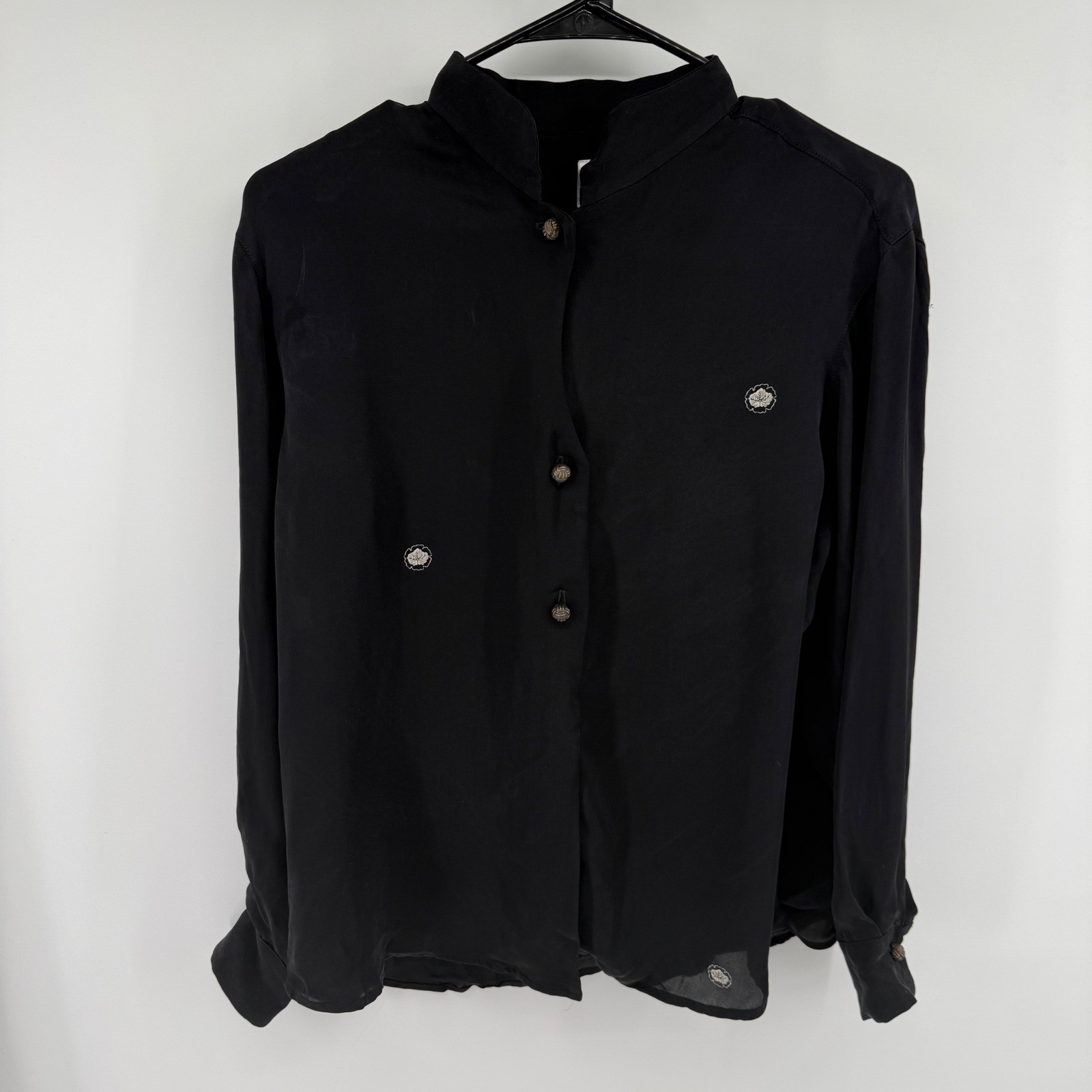 Max & Mabel Womens Black 100% Silk Mandarin Collar Embroidered Blouse Medium
