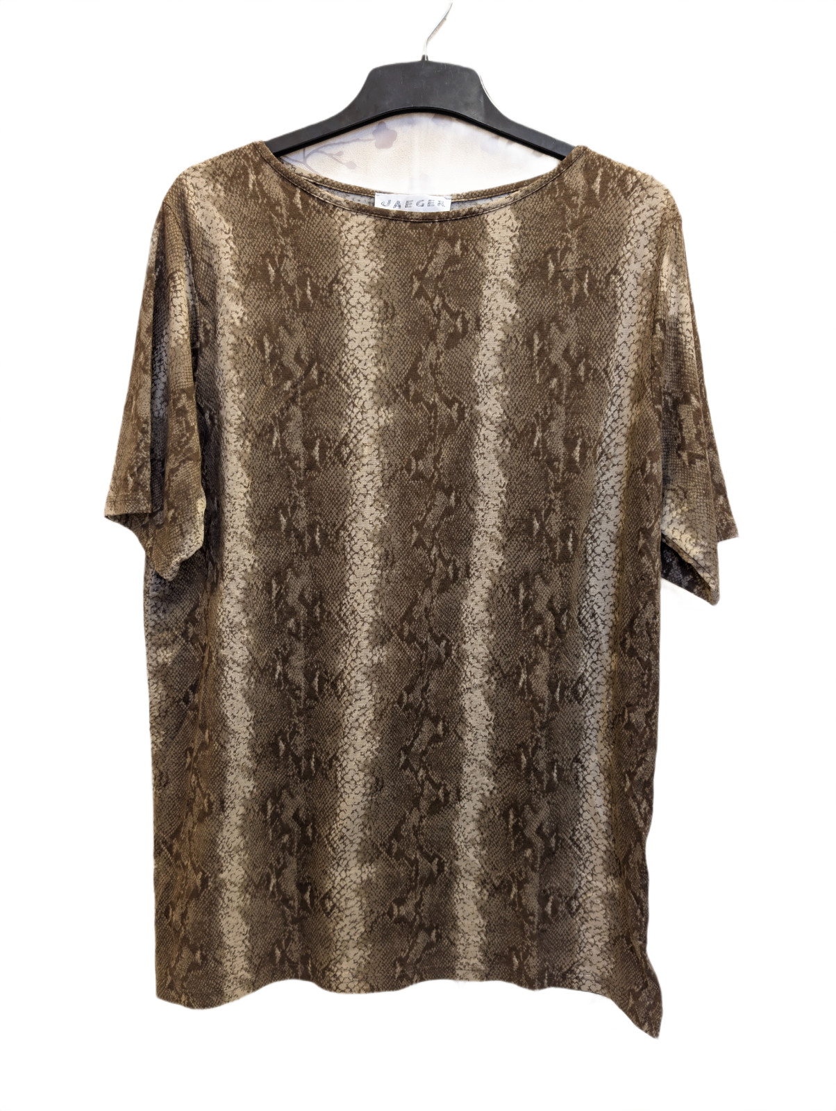 Jaeger Womens Top Blouse Brown Beige Snake Print Short Sleeve Mock Neck Size M