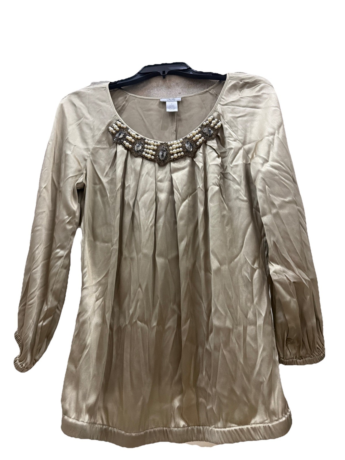 RARE Vintage Y2K 90s Cache 95%Silk Beaded Collar Pleat Detail Blouse Long Sleeve
