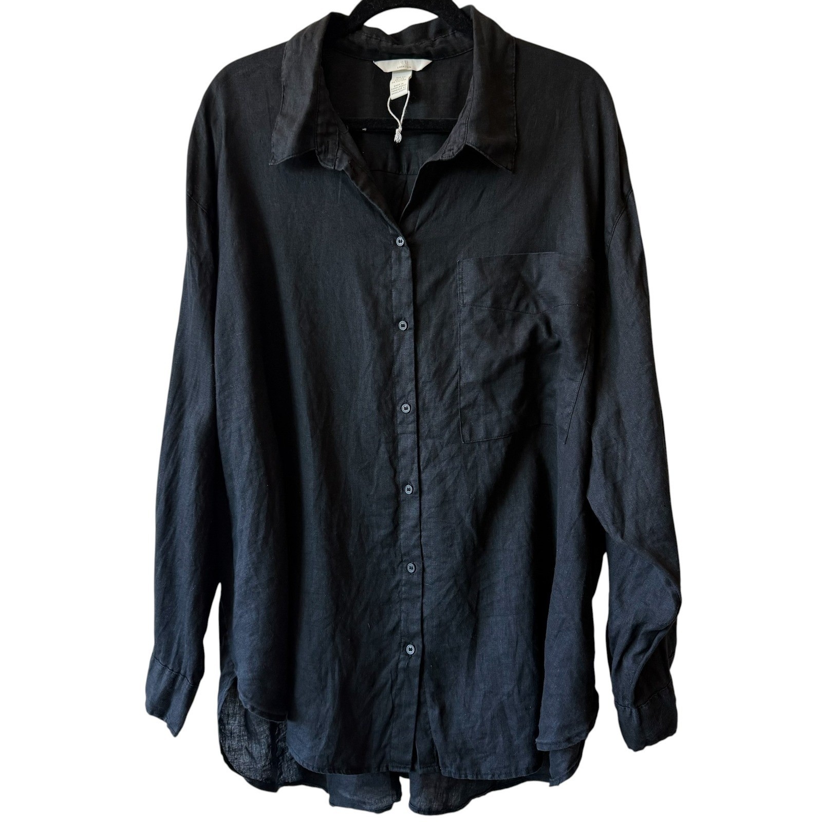 Black Linen Button Down Shirt Long Sleeve Minimalist Pocket Top Coastal Casual