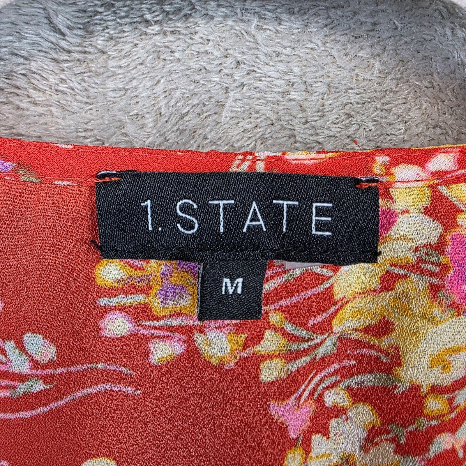 1. STATE Blouse Womens M Red V Neck Long Balloon Sleeve Floral Smocked Cropped