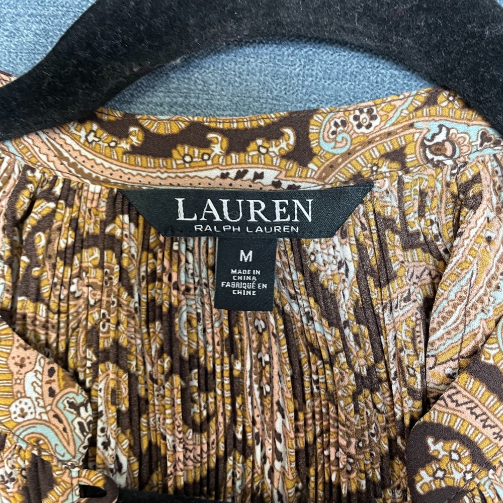 Lauren Ralph Lauren Georgette Blouse Top Womens Medium Brown Paisley Pleated
